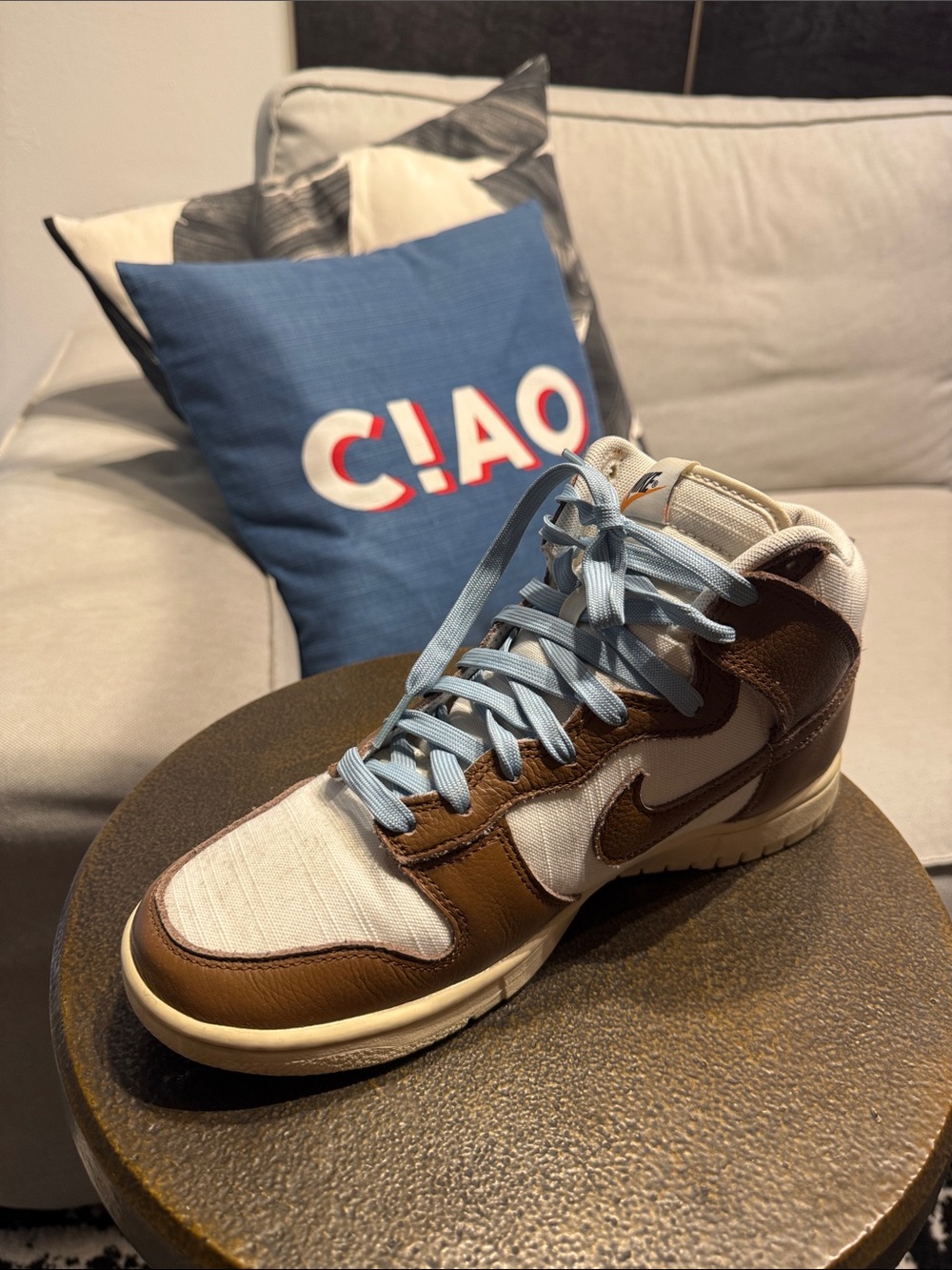 Nike Brown and Cream High-Top Sneakers with Light Blue Lacest